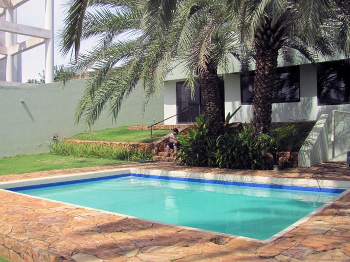 Piscina con el jardín de palmeras