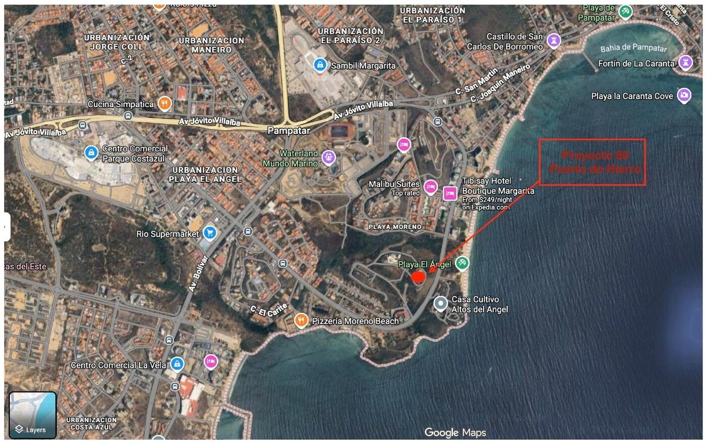 Vista aérea del lote de Sea Coast sobre la Bahía de Pampatar, con el proyecto recuadrado