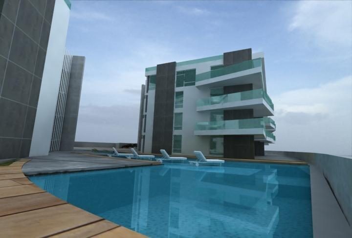 Render de la piscina y las áreas comunes del conjunto