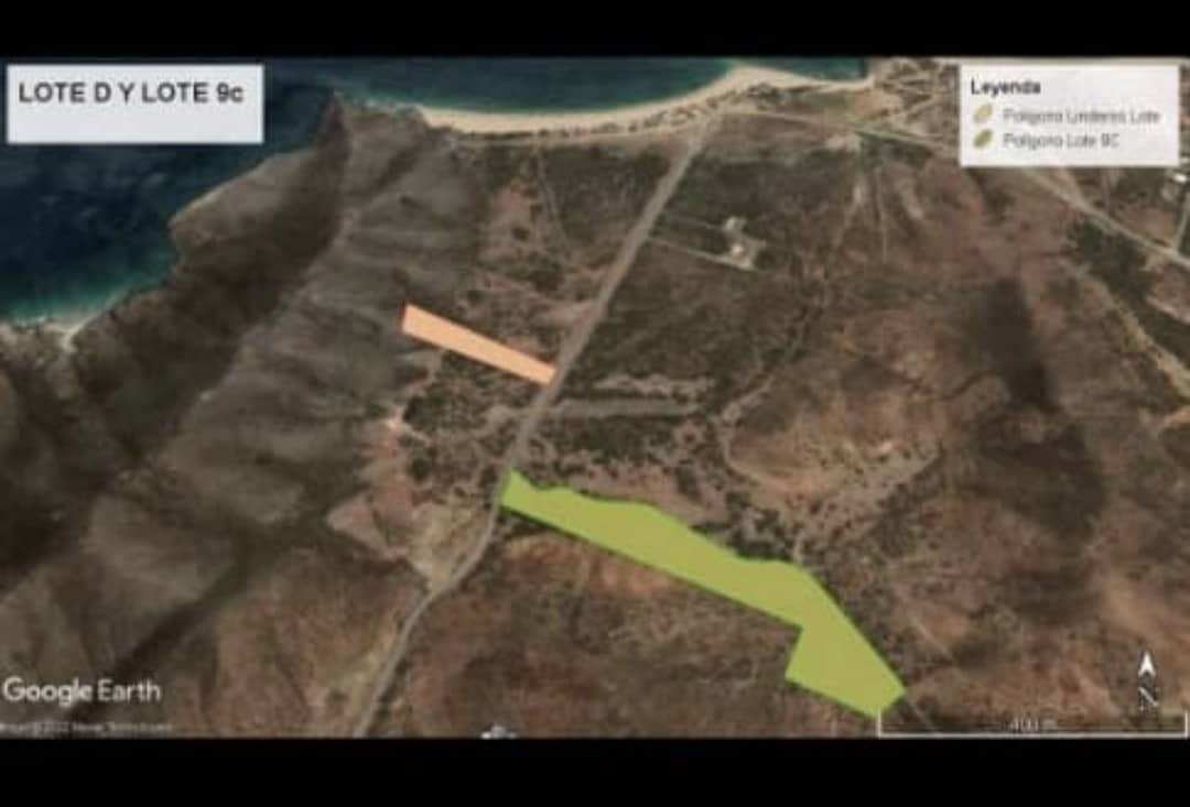 Imagen satelital de Playa Caribe con los polígonos de los dos lotes: el Lote D de 15.000 m² y el Lote 9C de 50.000 m²