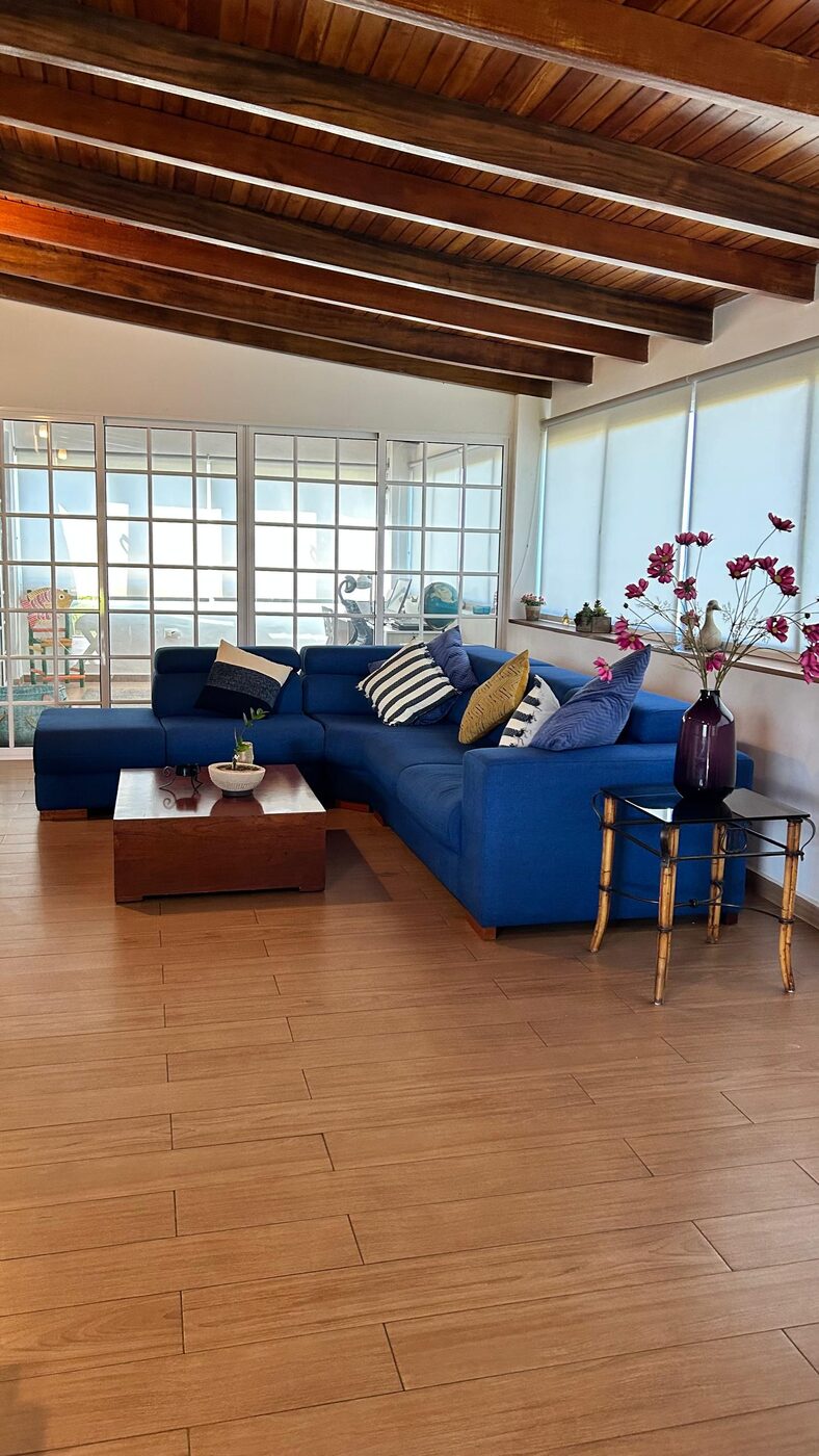 La sala, con el sofá azul y los ventanales alrededor