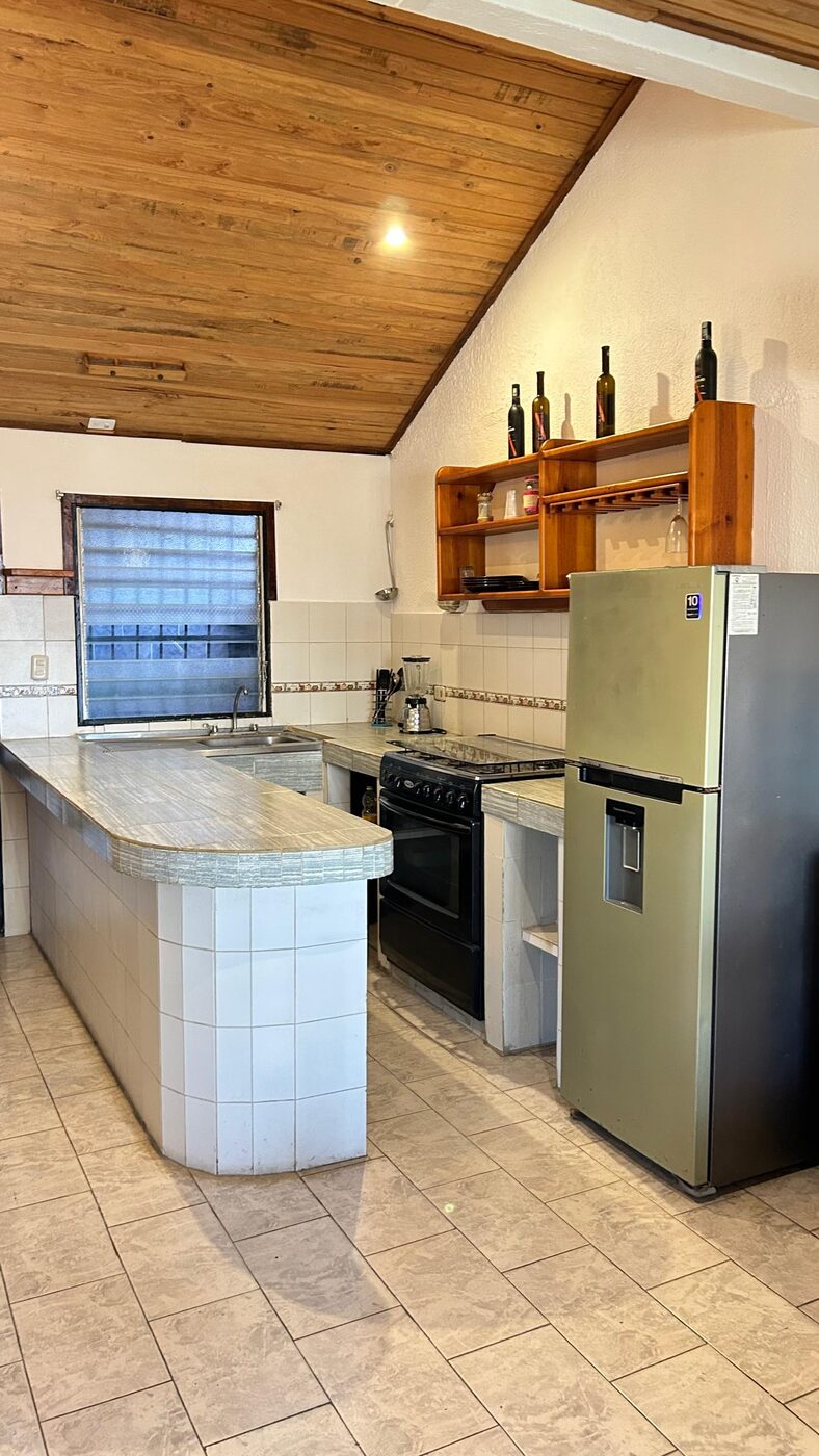 La cocina, con su barra y el techo de madera